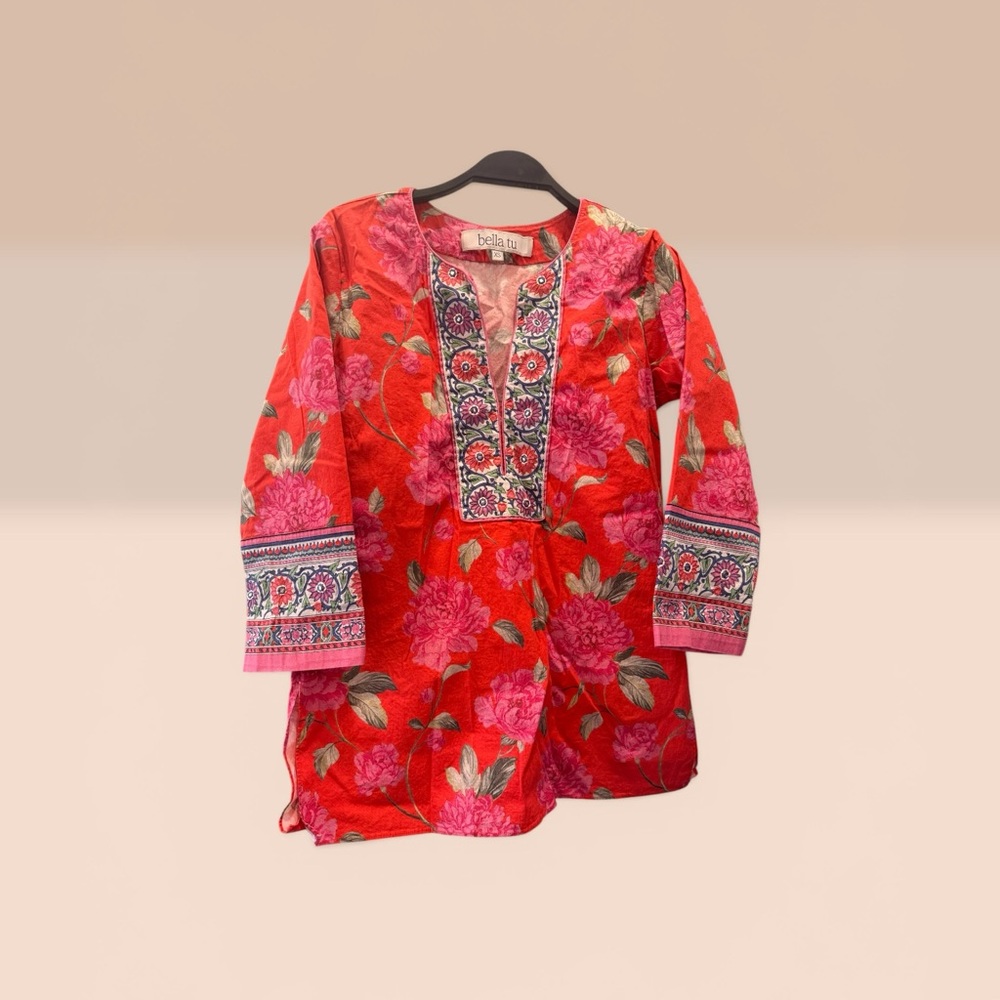 Bella Tu Red Floral Embroidered Tunic Top